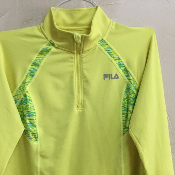FILA Women L Pullover Athletic Performance Running 1/4 Zip Layered Yellow Green - Picture 2 of 7